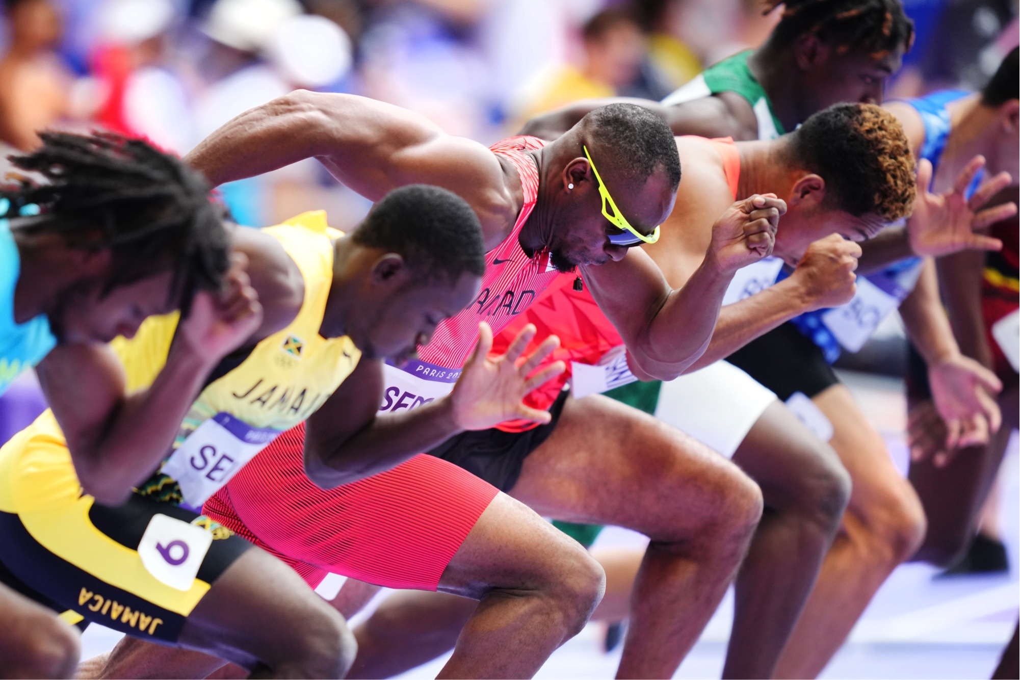 Duan Asemota at the Paris 2024 100m start