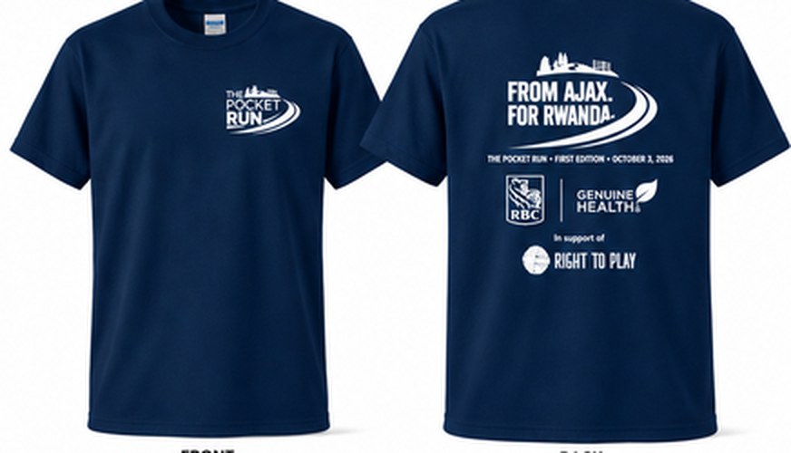 Navy participant shirt, front with the Pocket Run logo and back reading From Ajax. For Rwanda.